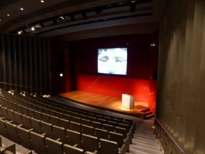 View of a raked lecture theatre (addressing public groups) from the right and the rear, with orange lighting, a lectern to the right of the stage, and the eyes of the Crosby Garrett Helmet on the screen.